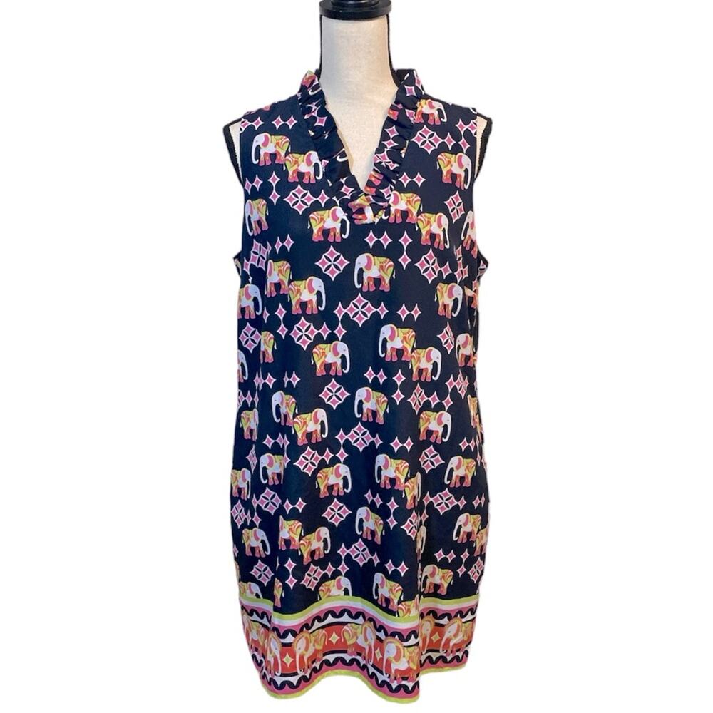 Crown & Ivy Asian Elephant Ruffle Neck Knee Length Shift Dress Size 12